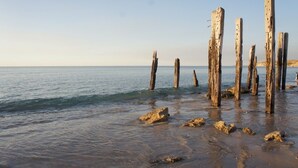 Une plage avec des poteaux en bois et des rochers dans l’eau.
