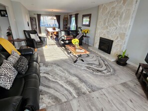 Smart TV, fireplace, books