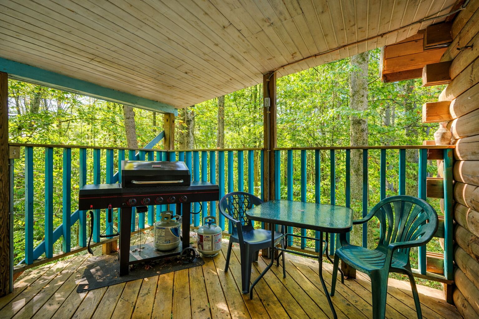 Een terras van hout buiten, met een barbecue, stoelen en een tafel.