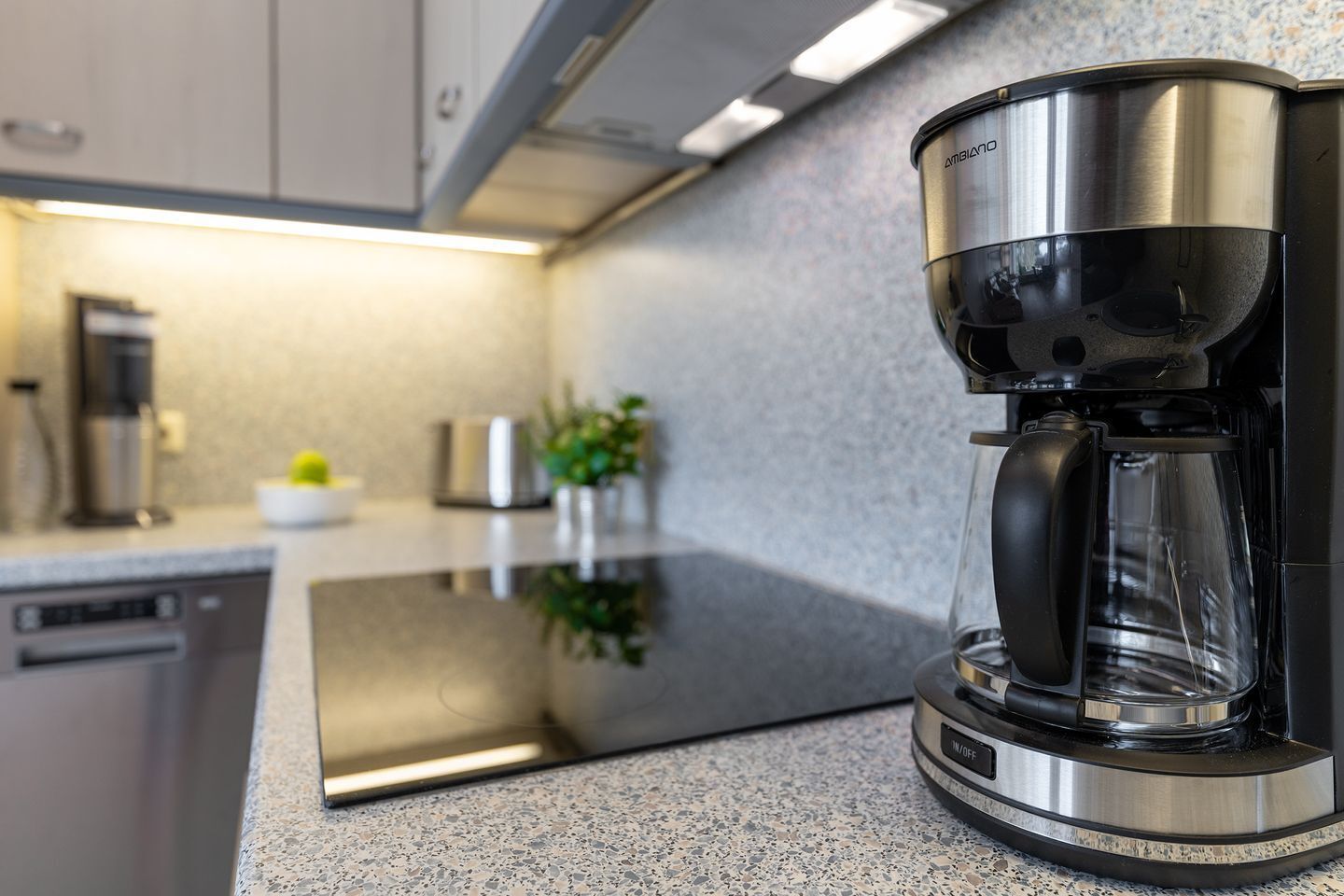 Cafetera o tetera, frigorífico, microondas y horno