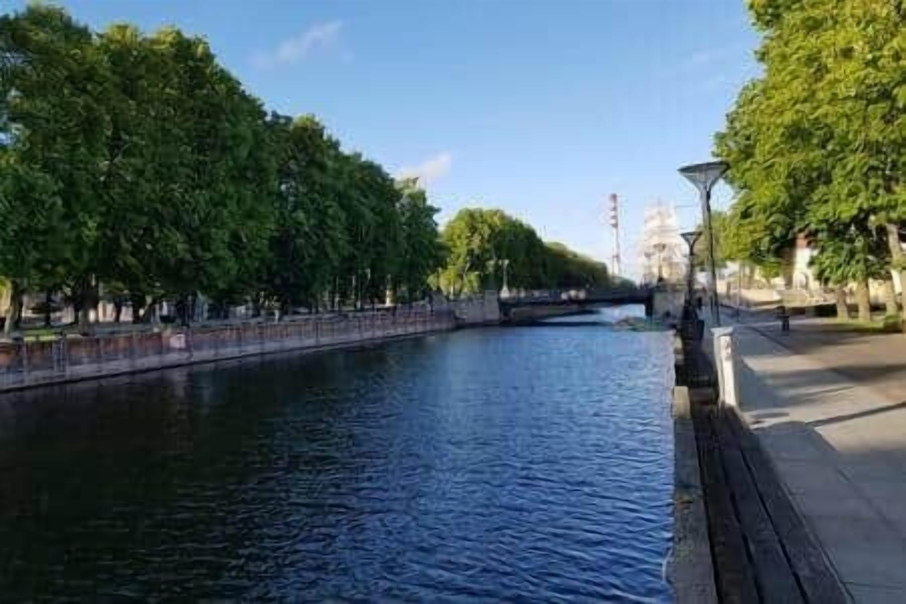 Un río con árboles a un lado y un puente a lo lejos.