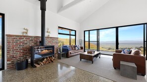 Smart TV, fireplace, books