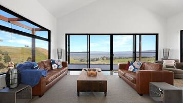 Smart TV, fireplace, books
