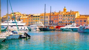 A marina with boats docked, a clear blue sky, and colorful buildings in the background.