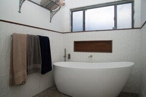 Shower, towels, soap, toilet paper