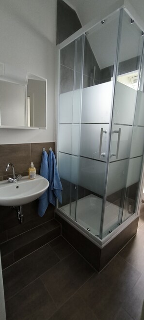 Shower, hair dryer, towels, soap
