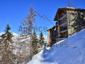 Una cabaña de madera con varios balcones, rodeada de árboles cubiertos de nieve y montañas al fondo.