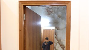Bany amb una porta de fusta, un rentamig blanc i una petxina de marbre.