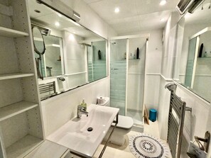 Bathroom features a large mirror, sink, and glass shower enclosure.