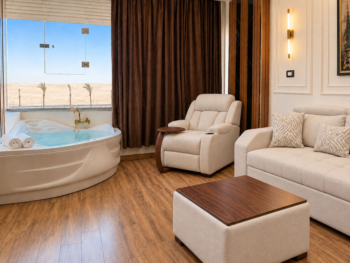 Une pièce avec une grande baignoire, un canapé, une table basse en bois et une vue sur des palmiers.