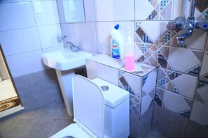 Douche, serviettes fournies, savon, papier toilette