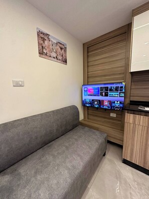 A living room with a grey sofa, a flat-screen TV mounted on a wooden wall, and a small kitchen area with a wooden cabinet.