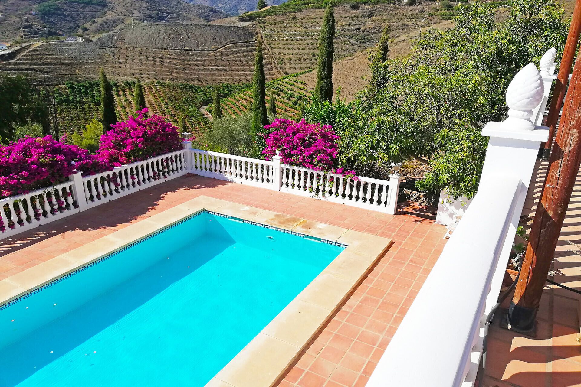 A swimming pool with a white fence and pink flowers, surrounded by terraced fields and a mountainous backdrop.