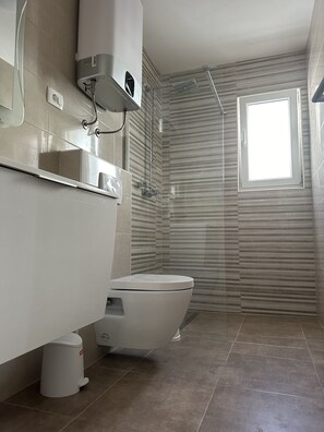 Hair dryer, towels, soap, toilet paper