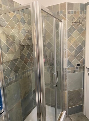 Hair dryer, towels, soap