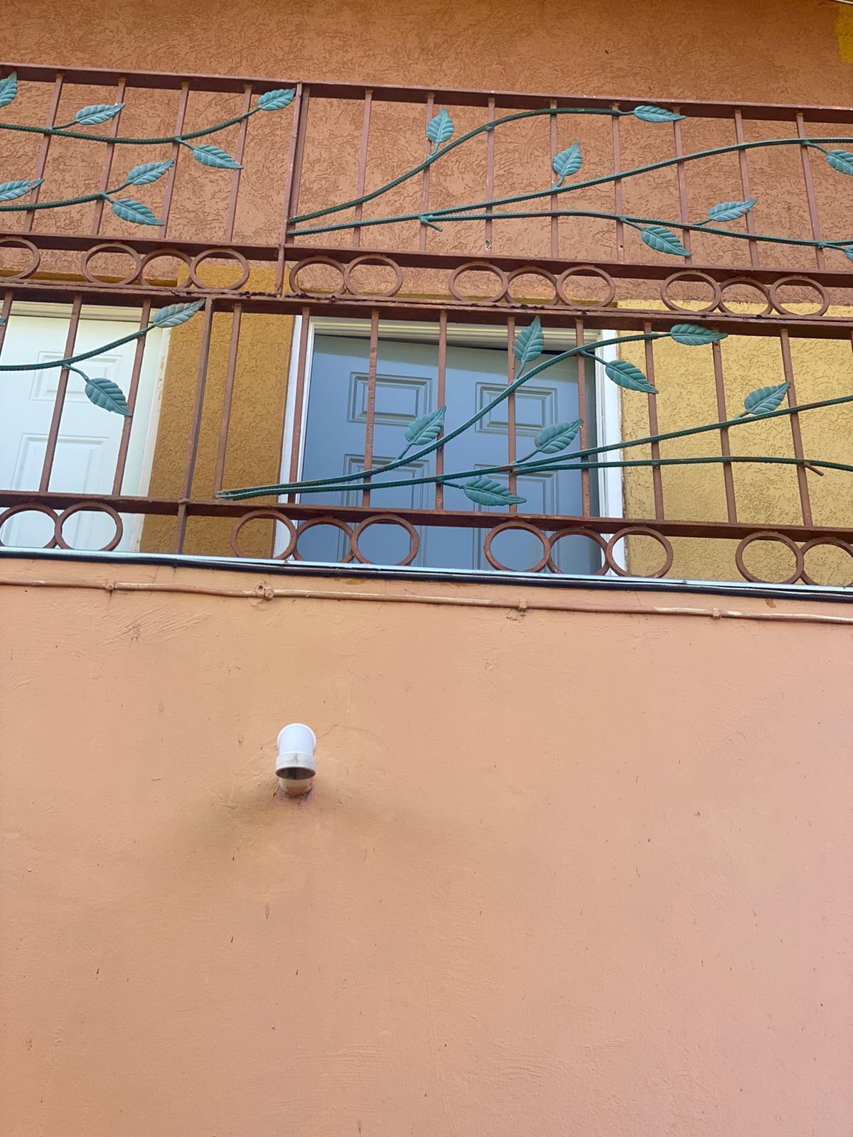 A building facade with a metal balcony railing featuring leaf designs, a white door, and a security camera.