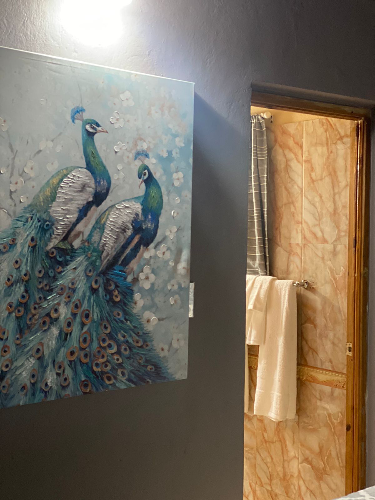 Une salle de bain ornée d’un tableau représentant un paon au mur, avec une douche en marbre et une serviette accrochée à la porte.