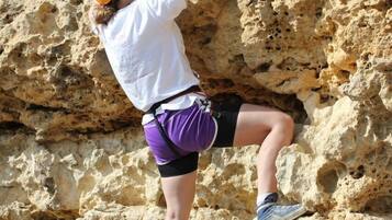 A person climbing a rocky wall.