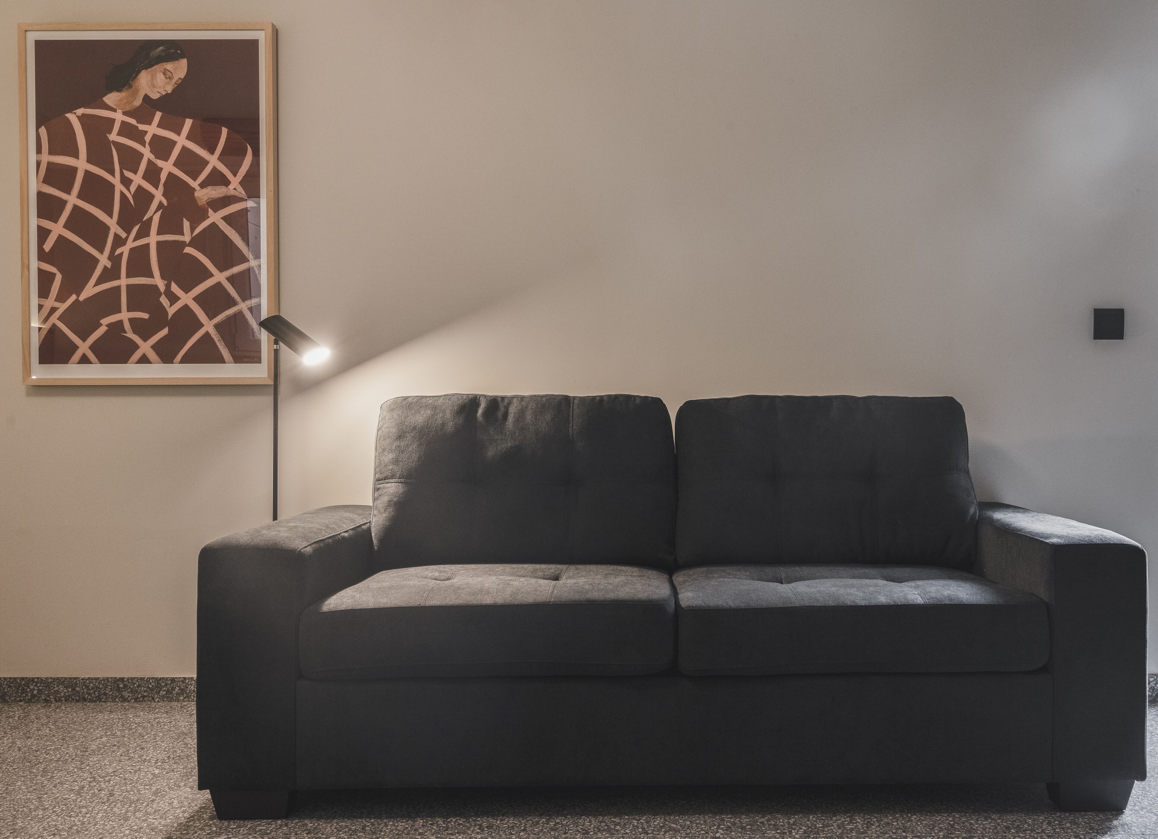 A dark grey sofa in a room with a framed abstract painting on the wall and a floor lamp.