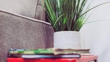 A red vintage suitcase with a small plant on top, placed on a beige couch.