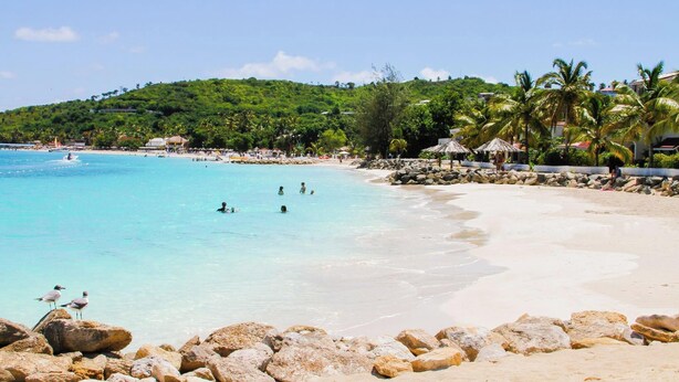 A beach with clear turquoise water, rocky shoreline, and palm trees. - Romantic Antigua Getaway – Oceanfront Condo with Resort Amenities (St. John's)
