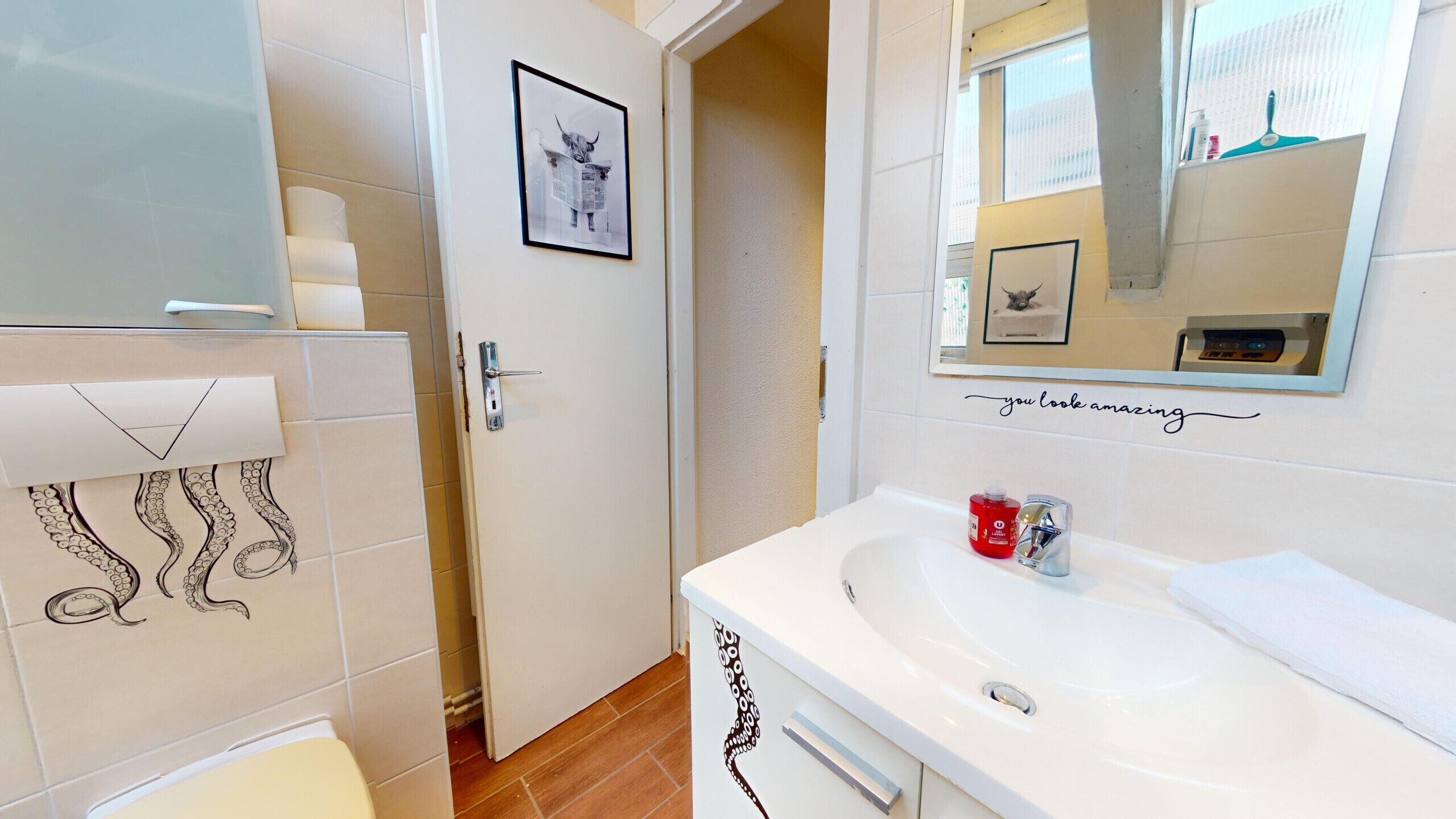 Shower, hair dryer, towels, toilet paper