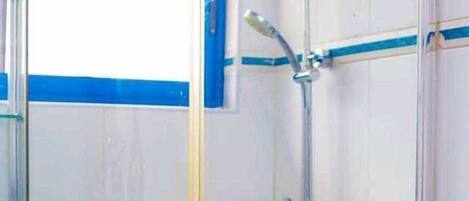 A small, enclosed shower area with a glass door, a showerhead, and a handheld shower attachment.