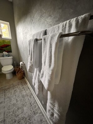 A bathroom with a shower curtain, a toilet, a basket, and a towel rack. - 900 square foot Studio loft in Fairhaven (Bellingham)