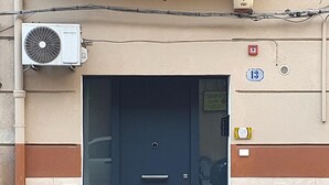 A building with a dark blue door, two potted plants on the ground, and a number 13 sign on the wall. - Apartment in the center of Palermo (Palermo)