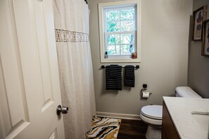 Hair dryer, bidet, towels, soap