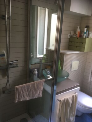Ducha, secador de pelo, toallas, jabón