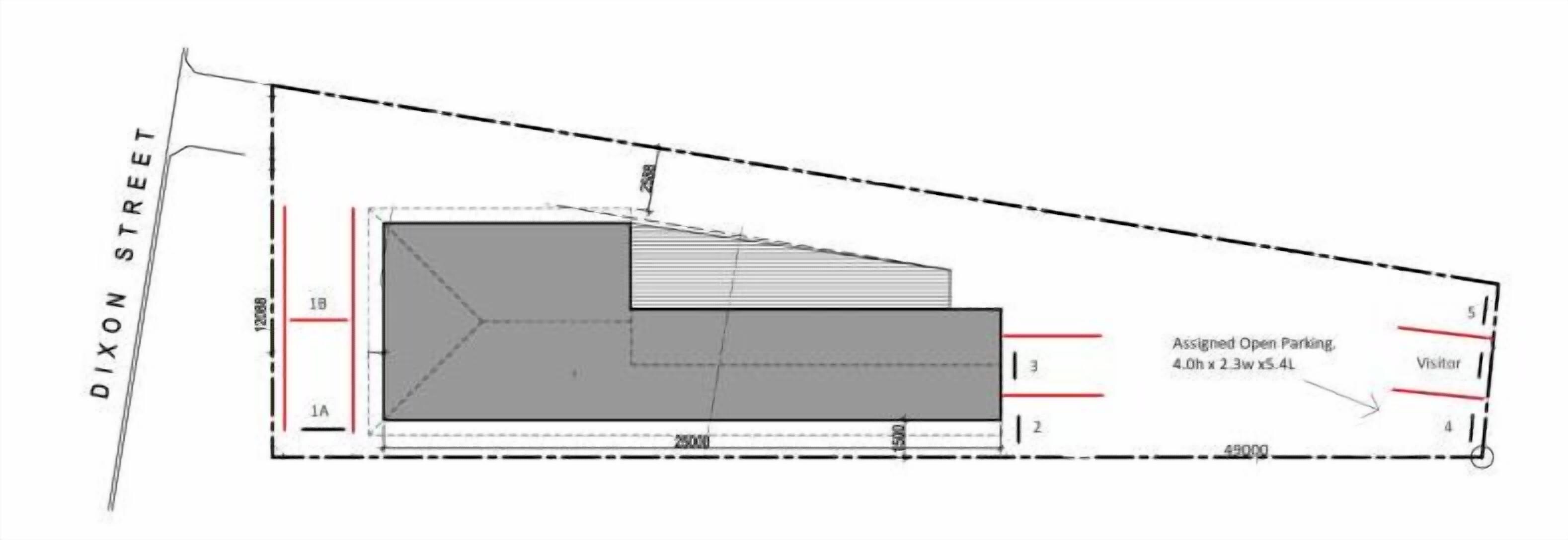 A floor plan of a building with a designated parking area labeled "Assigned Open Parking" measuring 4.0h x 2.3w x 5.4L.