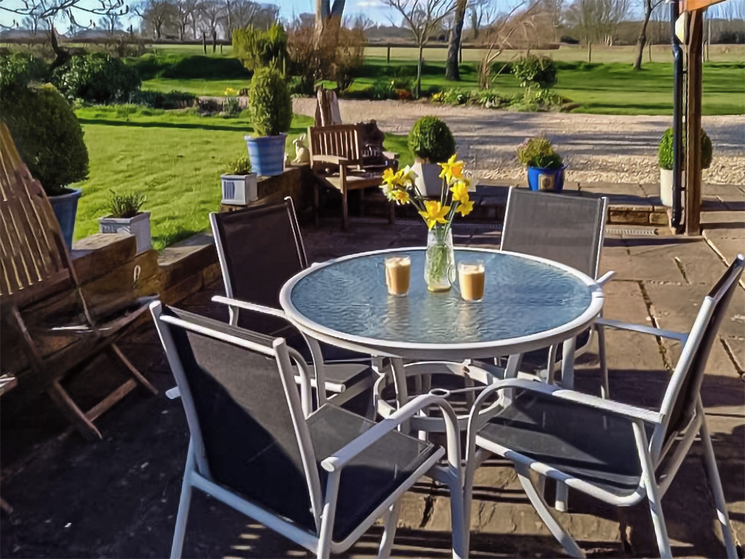 Une table ronde en verre, quatre chaises, un vase avec des fleurs jaunes et trois boissons.