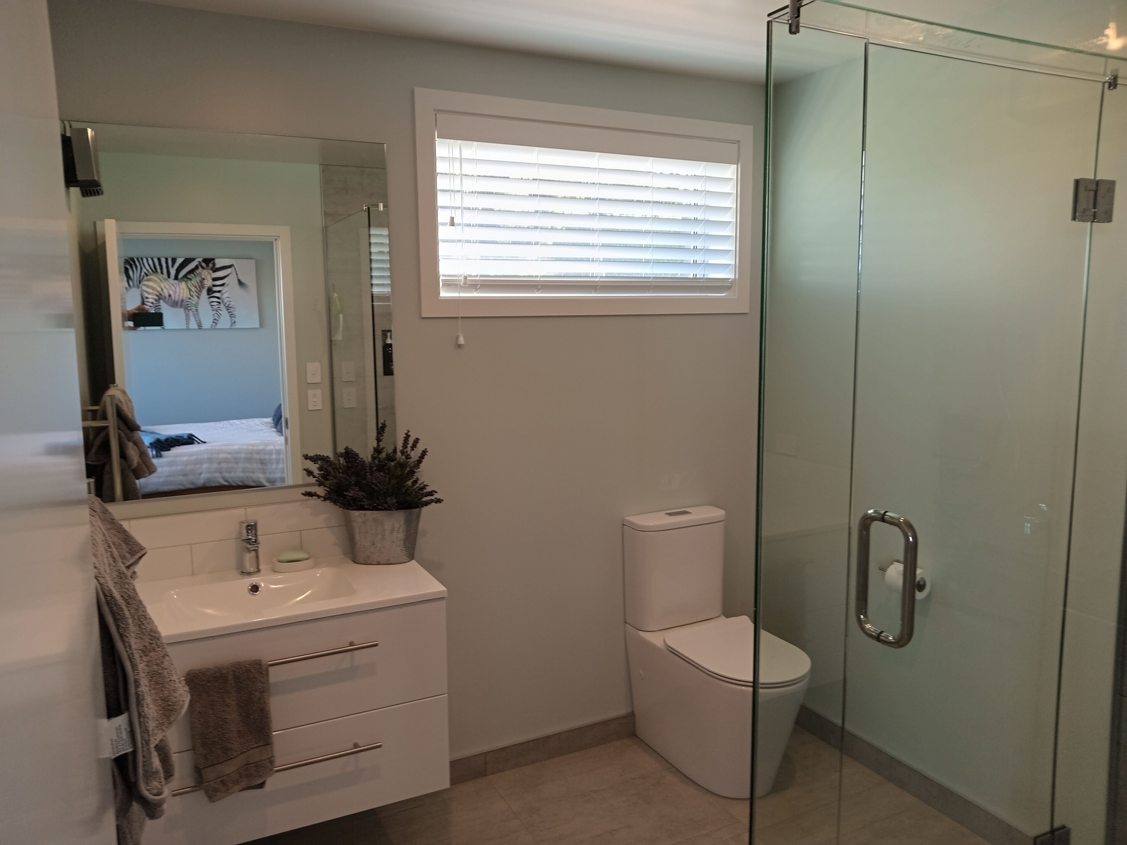 Shower, towels, soap, shampoo