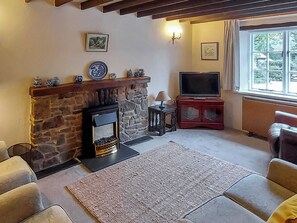 Una sala de estar con chimenea de piedra, televisor y ventana con cortinas.