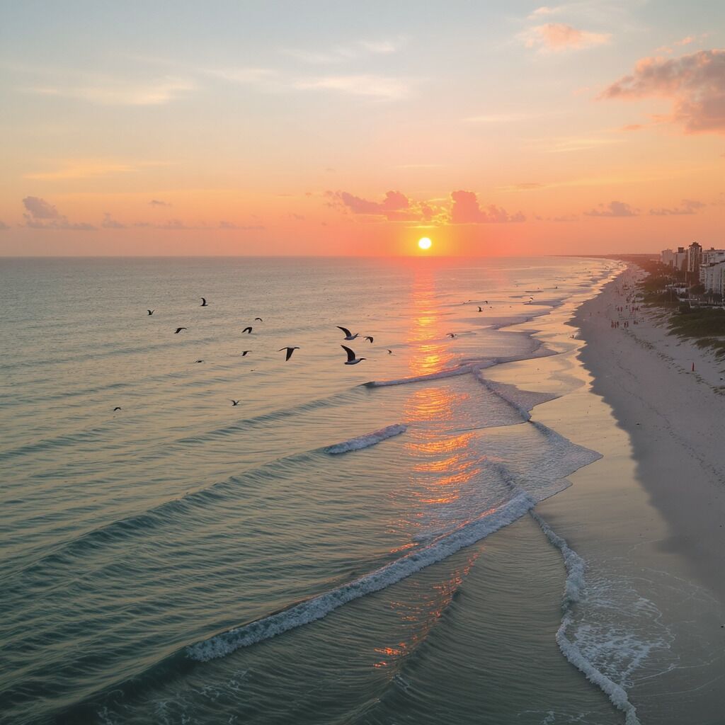 A beach with waves, a sunset, and birds flying.