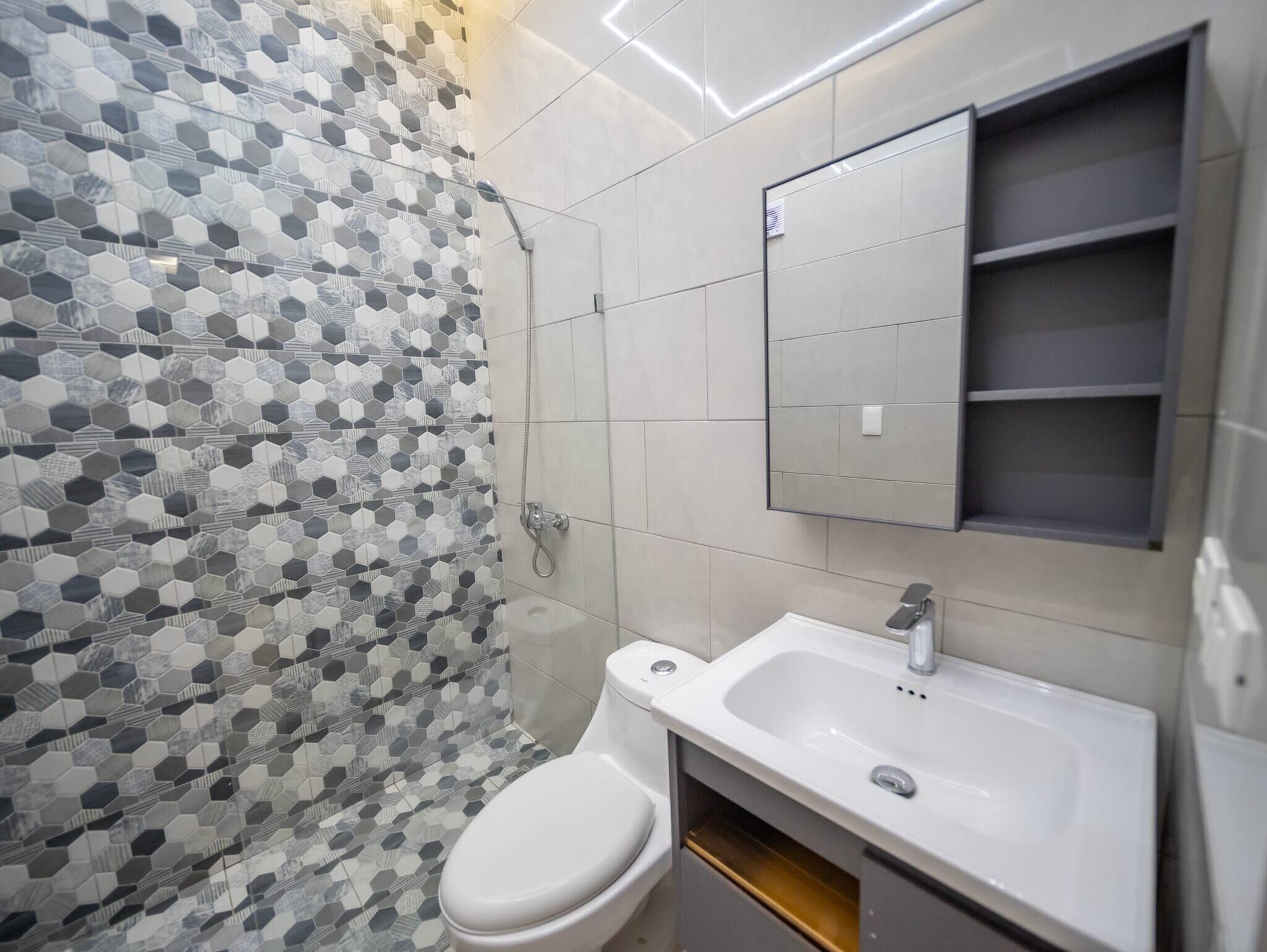 A bathroom with a hexagonal tile shower wall, a toilet, a sink with a mirror above it, and a cabinet below.
