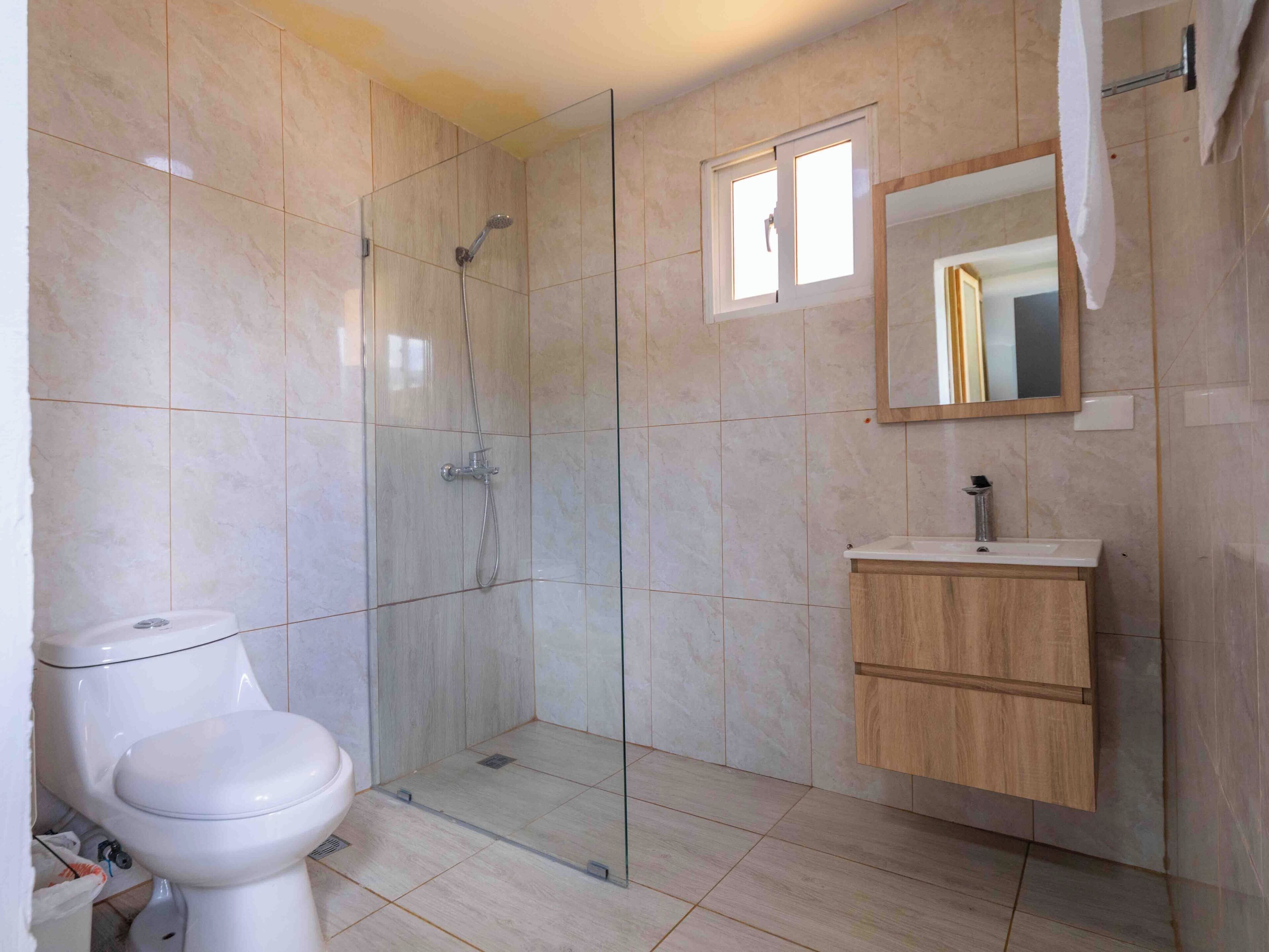 A bathroom with a toilet, a shower, a sink, and a mirror.