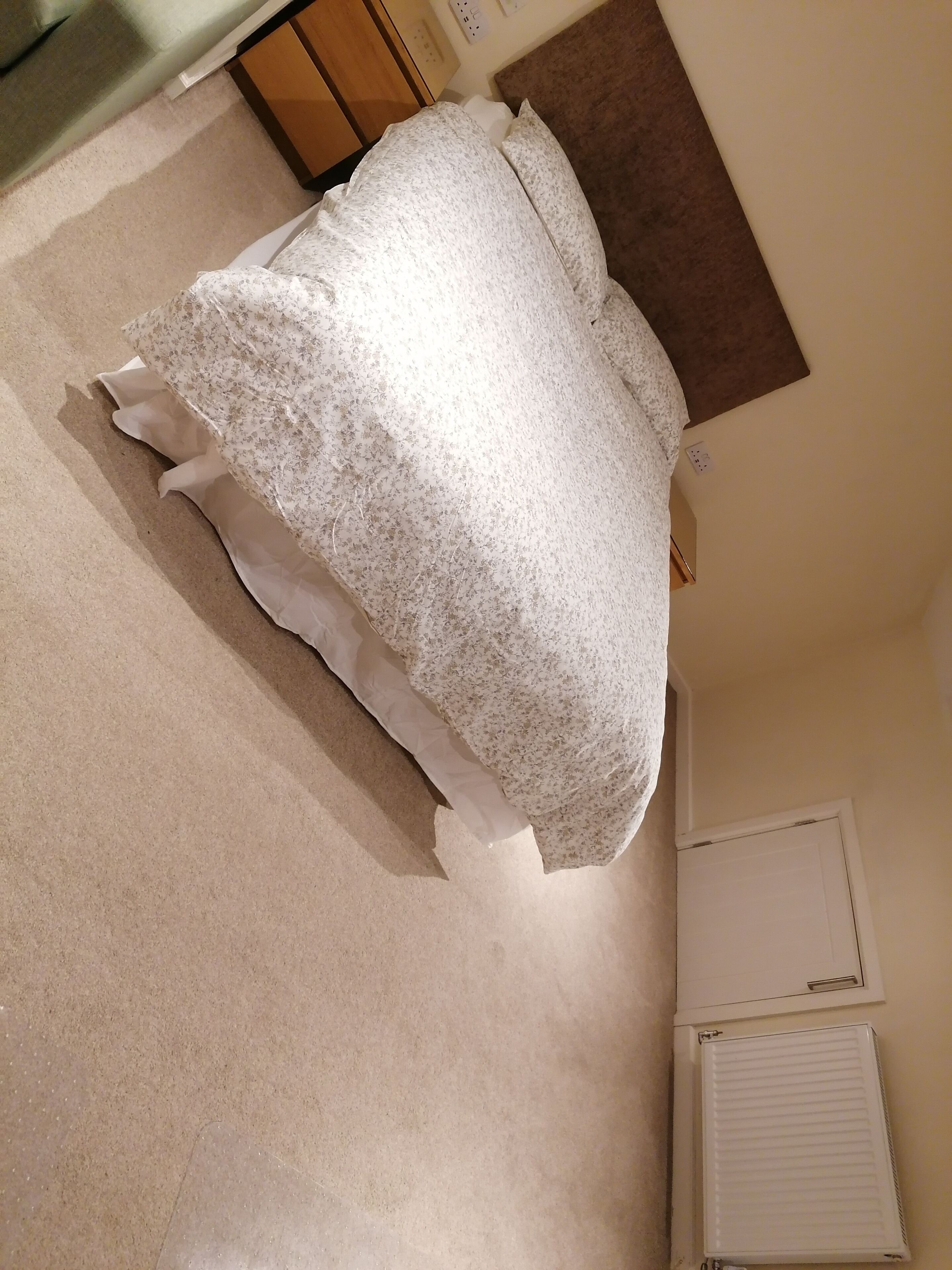 Un dormitorio con una cama, un radiador y una puerta.