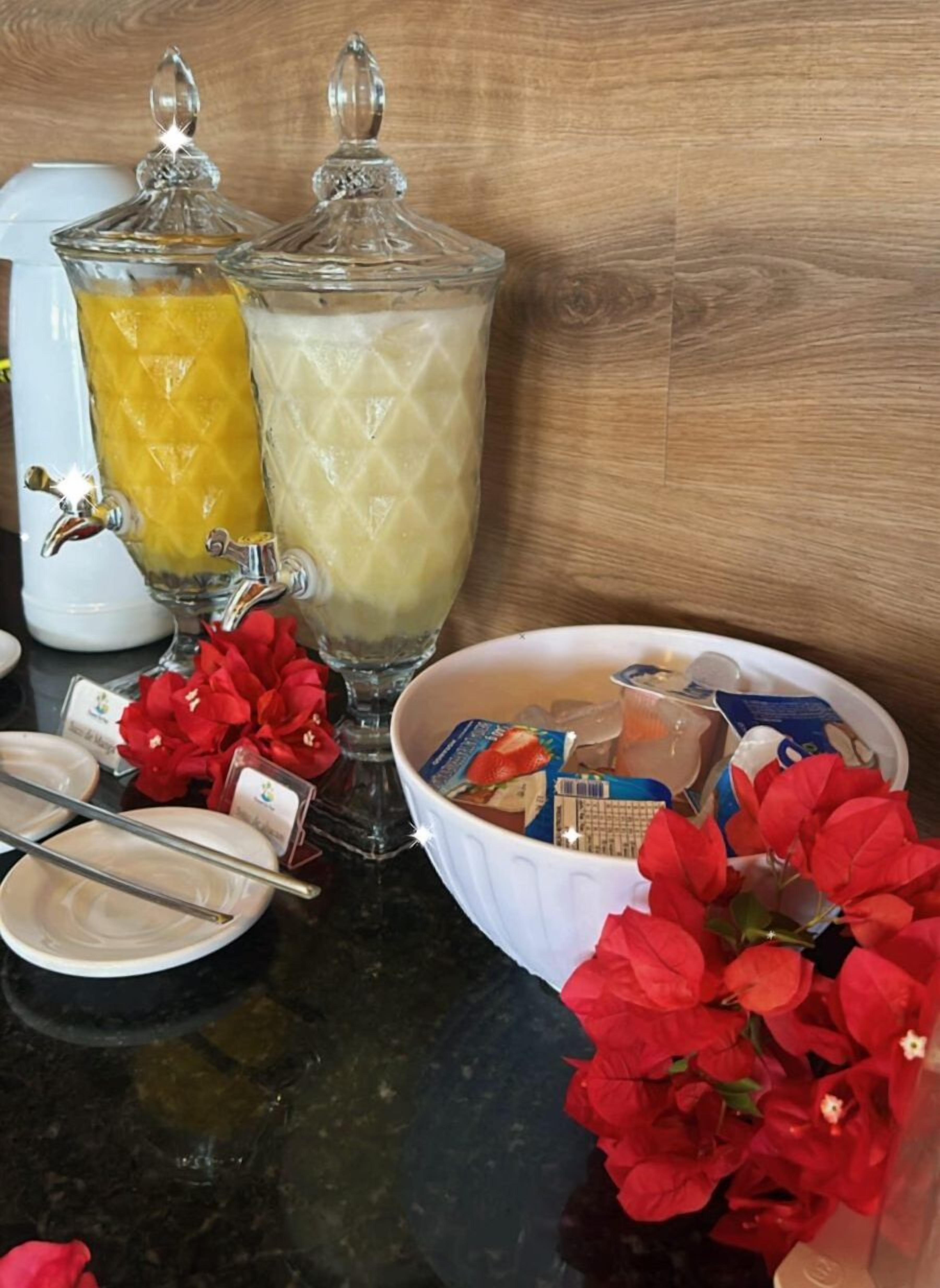 A kitchen counter with two glass jars containing yellow and white liquids, a bowl of food items, and red flowers.