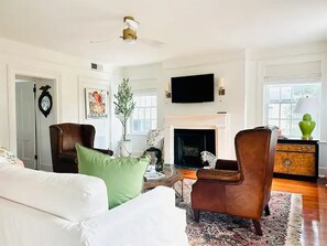 Smart TV, fireplace, books, music library