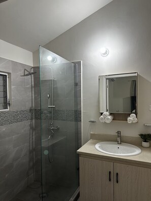 Dusche, Haartrockner, Handtücher, Seife