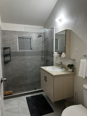 Dusche, Haartrockner, Handtücher, Seife