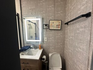 Douche, séchoir à cheveux, shampooing