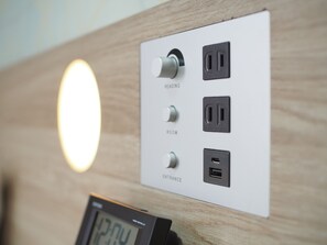 Eine wandmontierte Stromverteilerbox mit beschrifteten Steckdosen für Lesen, Zimmer und Eingang, sowie ein USB-Ladeanschluss.