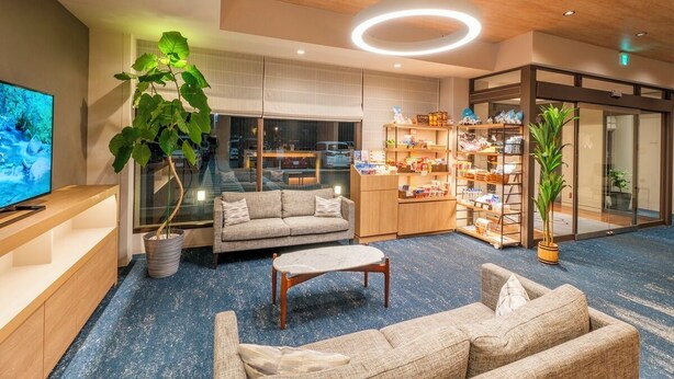 Una sala moderna con un sofá, una mesa de centro y un televisor. Hay una planta grande, una estantería y una colección de zapatos.
