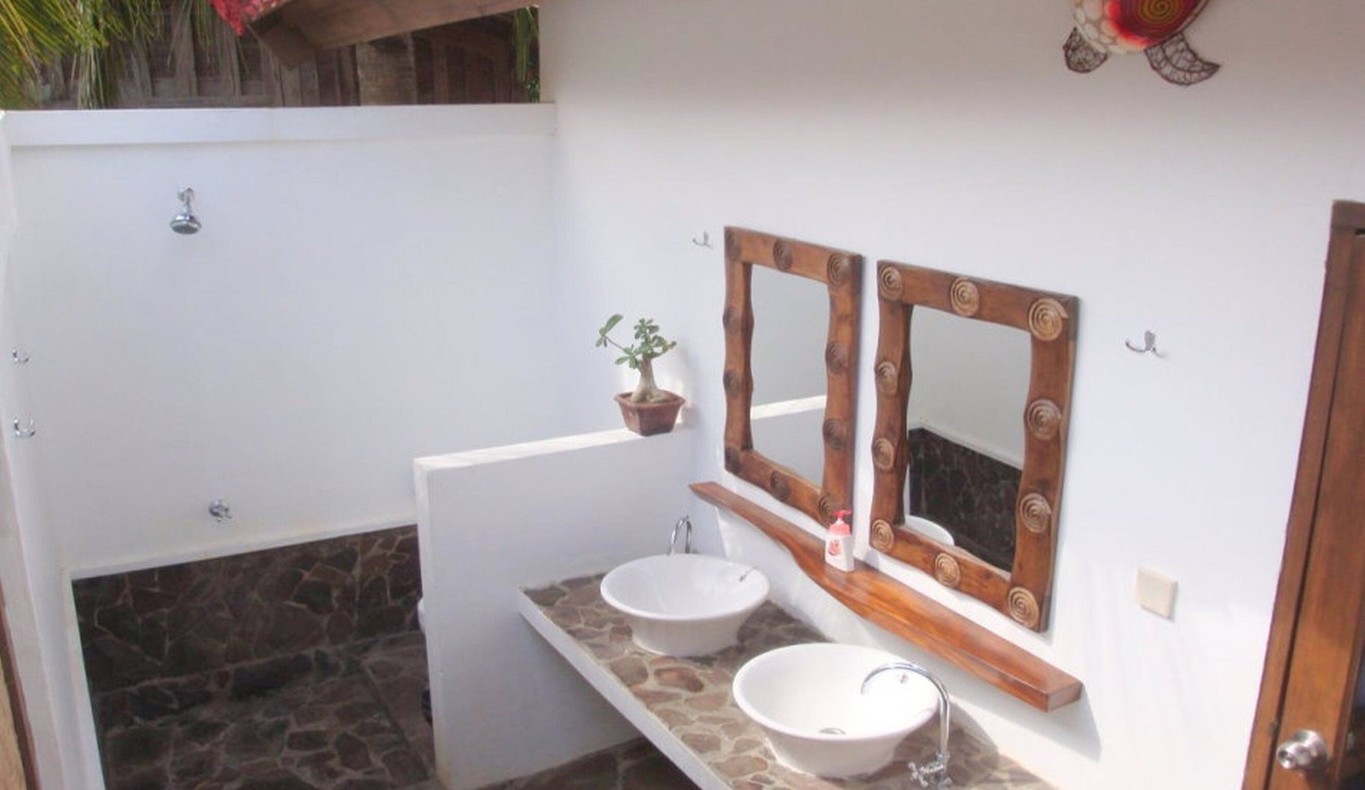 A bathroom with two sinks, a shower, and a wooden-framed mirror.