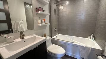 Hair dryer, towels, soap, toilet paper
