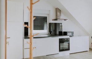 Fridge, microwave, oven, stovetop