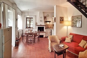 Cottage familiare, 2 camere da letto, vista collina, edificio separato | Area soggiorno | Caminetto